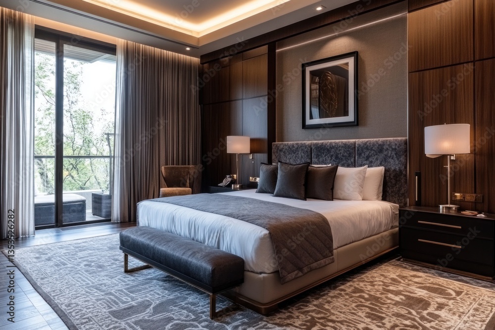 Fototapeta premium A luxuriously designed modern bedroom with elegant furnishings and natural light