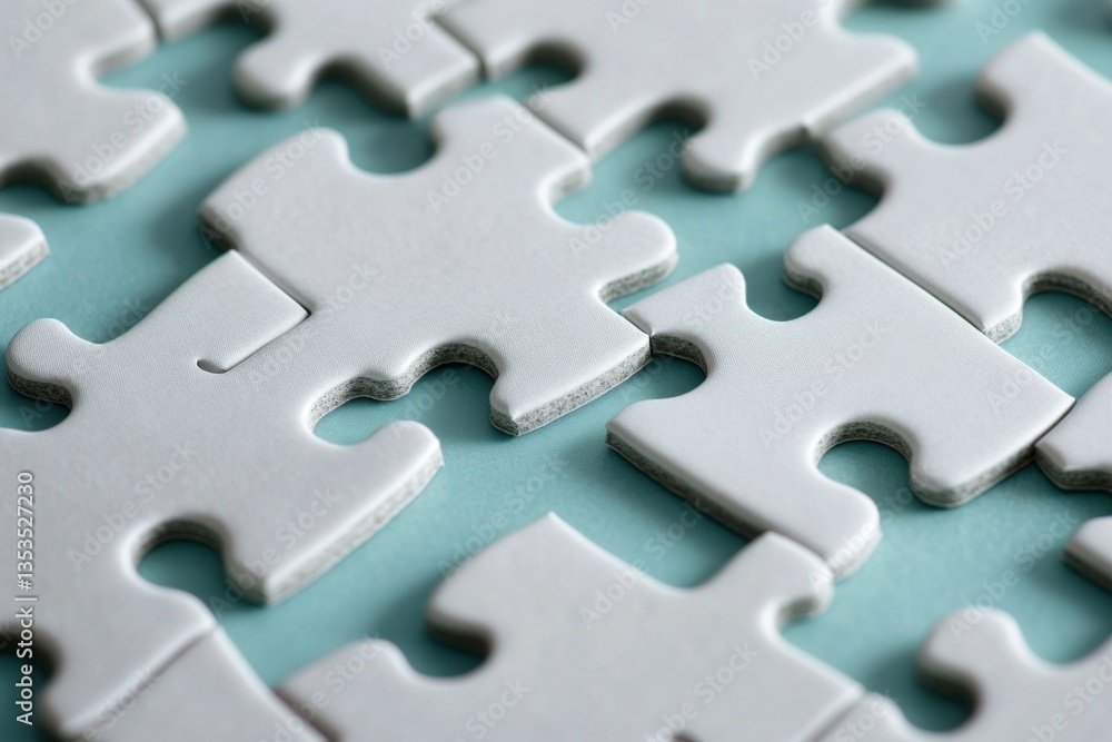 Close-up of white jigsaw puzzle pieces on a teal background. Close-up of white jigsaw puzzle pieces on a teal background.