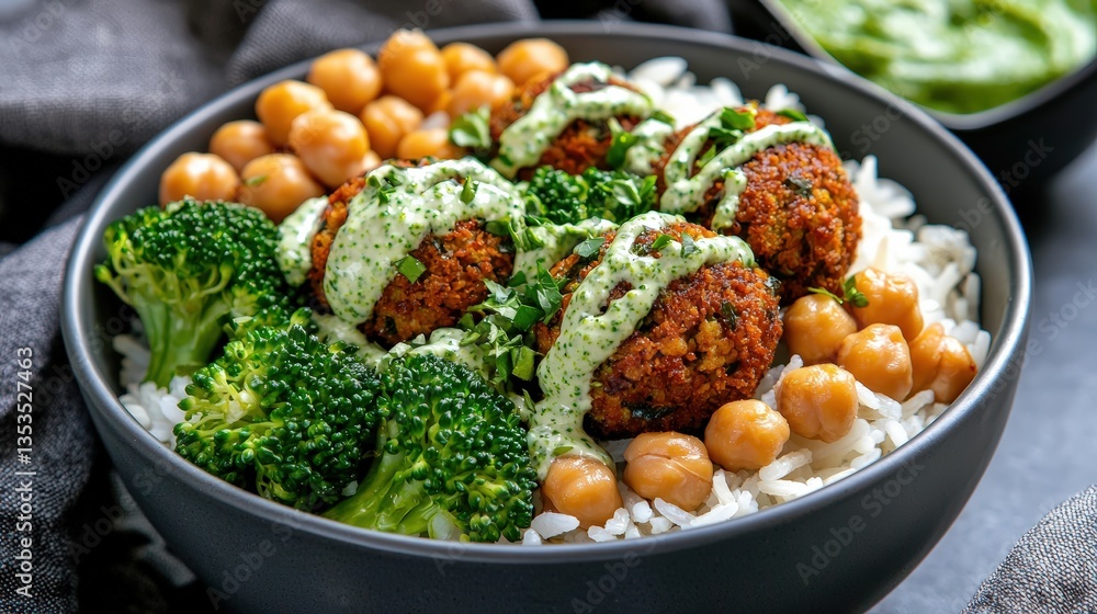 A vibrant bowl of falafel served with rice, chickpeas, broccoli, and a green sauce, showcasing a healthy and colorful meal, Vegan Meal Prep . A vibrant bowl of falafel served with rice, chickpeas, broccoli, and a green sauce, showcasing a healthy and colorful meal, Vegan Meal Prep .