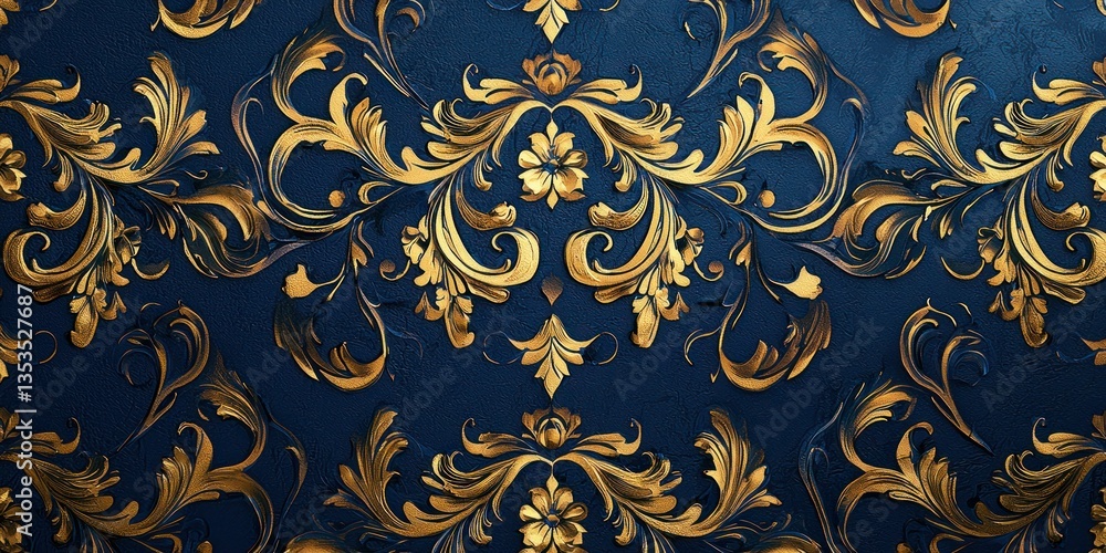 An intricate baroque wallpaper design with swirling gold patterns on a deep blue background An intricate baroque wallpaper design with swirling gold patterns on a deep blue background