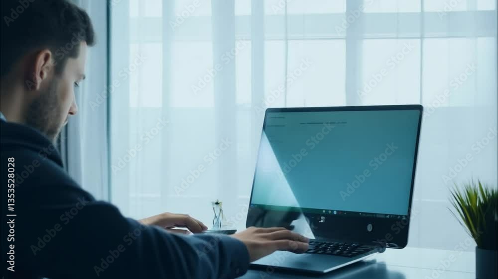a businessman in formal clothes and a formal suit is typing in front of a laptop on a building with a view of the big city a businessman in formal clothes and a formal suit is typing in front of a laptop on a building with a view of the big city