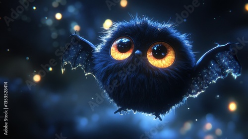 Adorable Fluffy Bat Flying in Dark Night