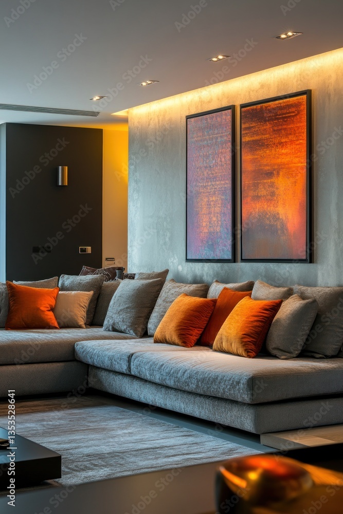 Fototapeta premium Contemporary living room with a sectional sofa, artistic decor, and warm LED ambient lighting.