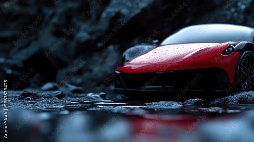 Obraz premium Red sports car in a rocky, wet environment