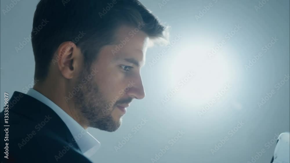 a businessman in formal wear is working in front of a laptop with a studio photo in the background a businessman in formal wear is working in front of a laptop with a studio photo in the background