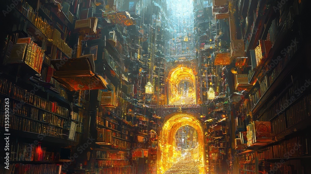 A grand library filled with books in a dreamlike state