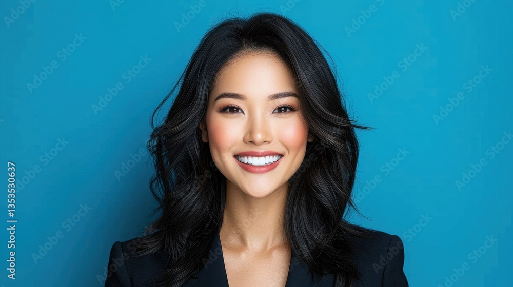 Confident and happy Asian woman laughing, perfect white teeth, glowing skin, and trendy blue backdrop. Confident and happy Asian woman laughing, perfect white teeth, glowing skin, and trendy blue backdrop.