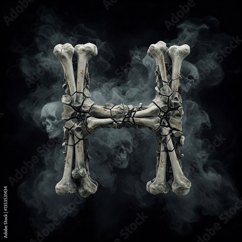 Letters H made of cracked bone fragments and dark smoke.