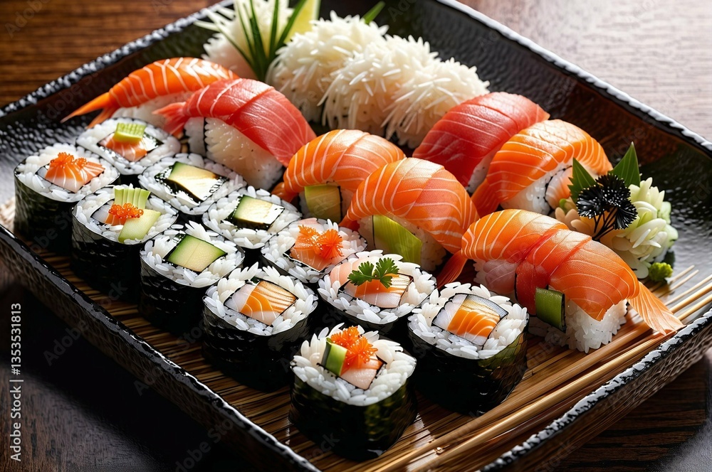 A plate of sushi with a variety of different types of sushi rolls A plate of sushi with a variety of different types of sushi rolls