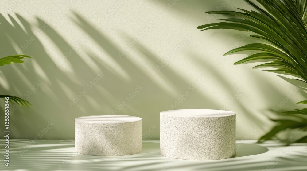 Empty white podiums with tropical shadows. Use for product display Empty white podiums with tropical shadows. Use for product display