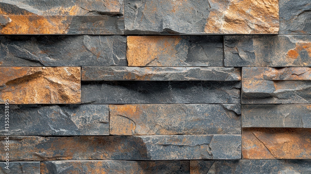 Textured stone wall with mix of dark gray and rust colored stones, showcasing industrial style. rough surfaces and layered arrangement create striking visual appeal Textured stone wall with mix of dark gray and rust colored stones, showcasing industrial style. rough surfaces and layered arrangement create striking visual appeal