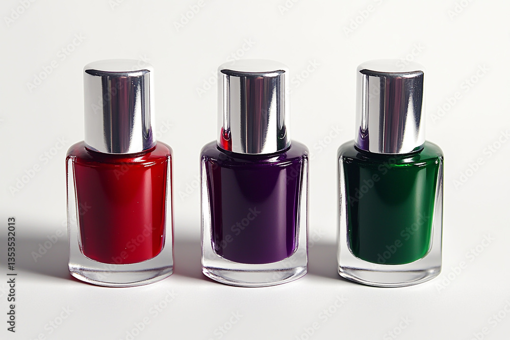 3 bottles of nail polish, one red with a black cap, the second a dark purple with a green cap, and the third an emerald color with a white top coat, on a pure background 3 bottles of nail polish, one red with a black cap, the second a dark purple with a green cap, and the third an emerald color with a white top coat, on a pure background