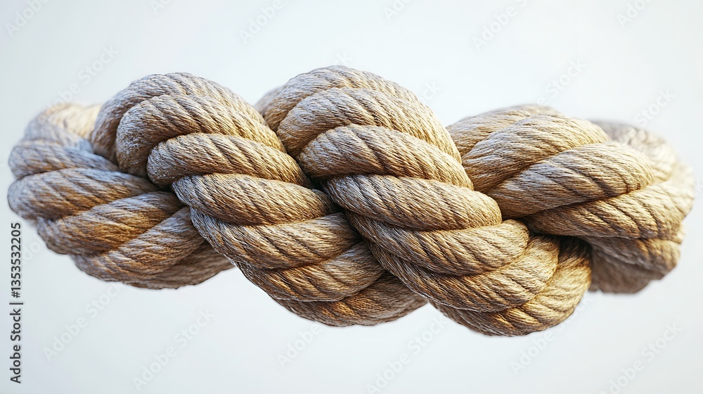 A thick, heavy rope coiled on top of itself with its end knotted in the center. The background is white, and there is nothing else around it. A thick, heavy rope coiled on top of itself with its end knotted in the center. The background is white, and there is nothing else around it.