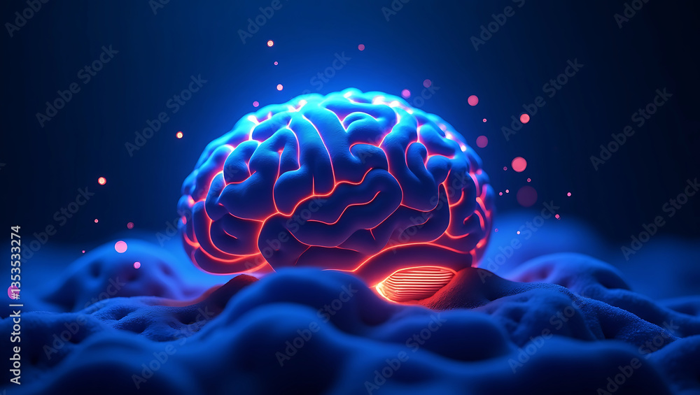 Fototapeta premium Human brain digital illustration. Electrical activity, flashes and lightning on a blue background. ai artificial intelligence Digital Illustration of the Human Brain. Electrical Activity, Flashe Backg