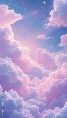 Fluffy Clouds in Pink Sky Fantasy Dreamscape with Starry Night phone background wallpaper
