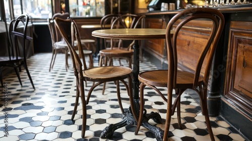 Hexagonal tile flooring in a classic Parisian cafÃ©