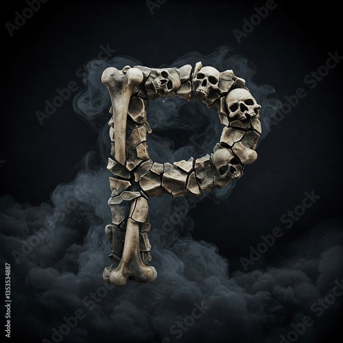 Letters P made of cracked bone fragments and dark smoke.