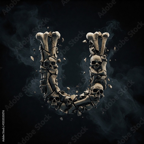Letters U made of cracked bone fragments and dark smoke.