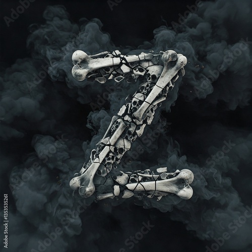 Letters Z made of cracked bone fragments and dark smoke.