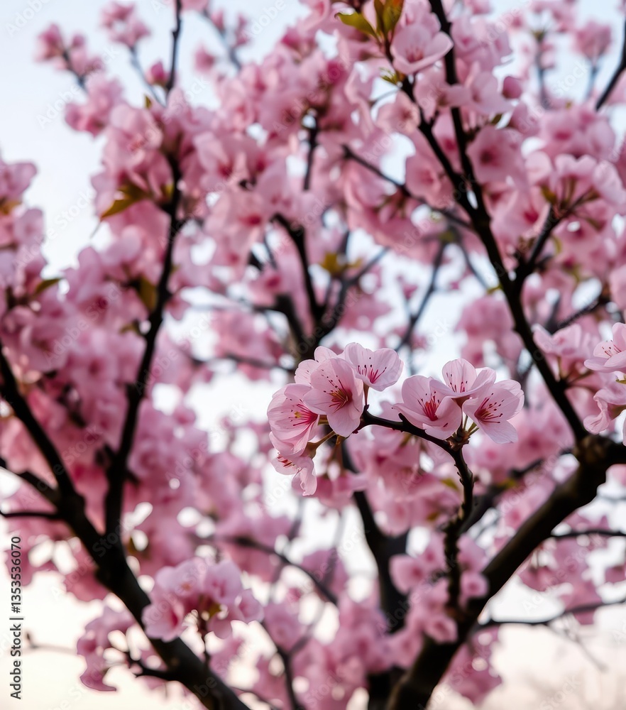 Delicate pink cherry blossoms frame a blooming tree against a soft spring sky, japanese, border, seasonal Delicate pink cherry blossoms frame a blooming tree against a soft spring sky, japanese, border, seasonal