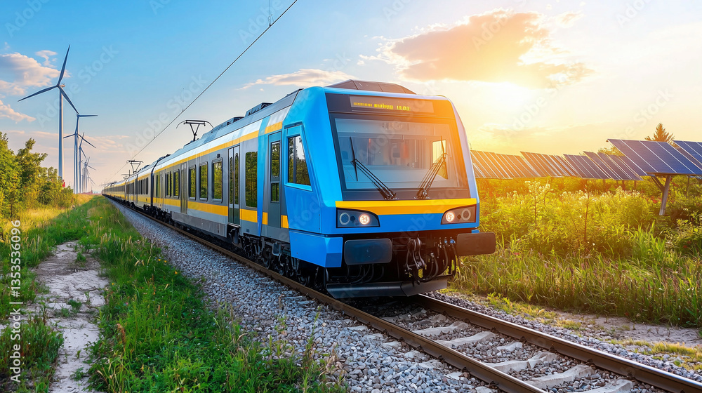 A vibrant train travels along tracks, surrounded by lush greenery, solar panels, and wind turbines under a striking sunset. A vibrant train travels along tracks, surrounded by lush greenery, solar panels, and wind turbines under a striking sunset.