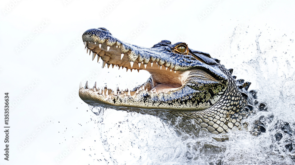 Obraz premium A crocodile with its mouth open, splashing water in the air, against a simple white background