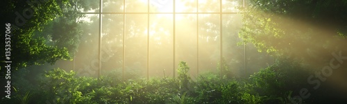 Sunlight streams through a window, illuminating lush greenery and creating a serene atmosphere.
