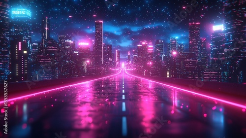 Futuristic city highway at night with neon lights.