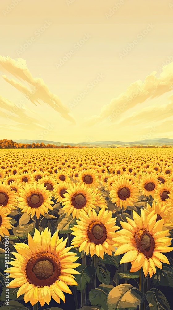 Fototapeta premium A Vibrant Field of Sunflowers Beneath a Yellow Sky