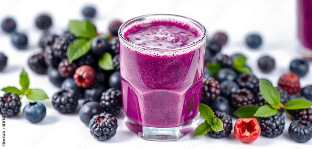 Refreshing blueberry smoothie in a glass, vibrant purple hue, white background, antioxidant, bright, food Refreshing blueberry smoothie in a glass, vibrant purple hue, white background, antioxidant, bright, food