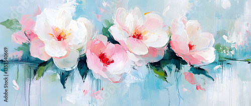 Delicate pink and white flowers on a teal background. Abstract floral painting. oil brushstroke, palette knife paint on canvas (generative ai).