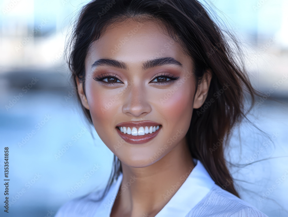 Smiling woman poses by the waterfront with bright sunlight highlighting her features Smiling woman poses by the waterfront with bright sunlight highlighting her features