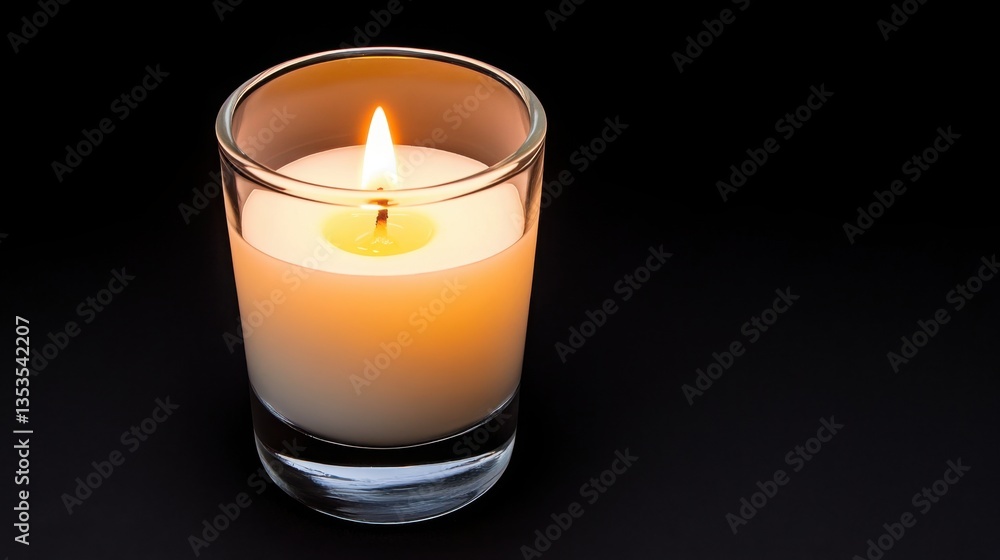 A softly glowing white candle inside a transparent glass holder, placed on a deep black background A softly glowing white candle inside a transparent glass holder, placed on a deep black background