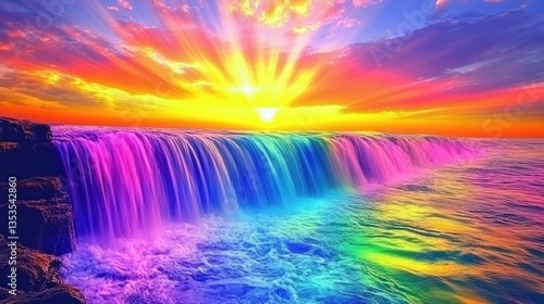 Colorful sunset over a rainbow waterfall cascading into the ocean