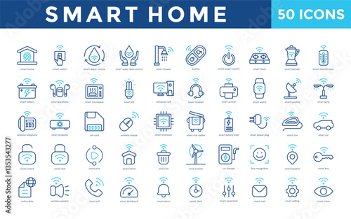 Smart Home icons set with smart house, smart switch, smart water control, smart water level control, smart shower, keyless, smart power system, smart stove icon. Simple outline color vector 
