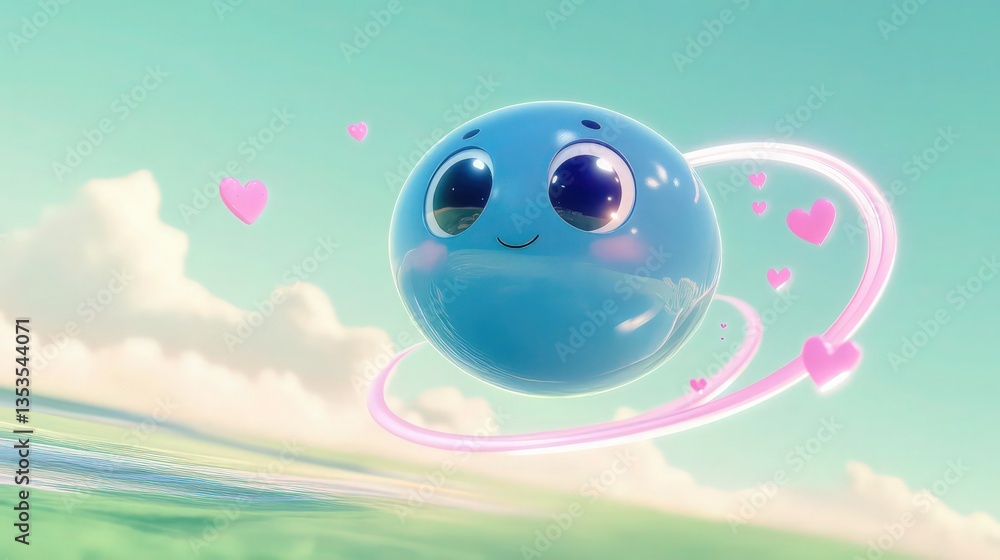 Naklejka premium A sky-blue round and chubby airplane with glossy eyes and a happy expression, soaring above a pastel green horizon. 