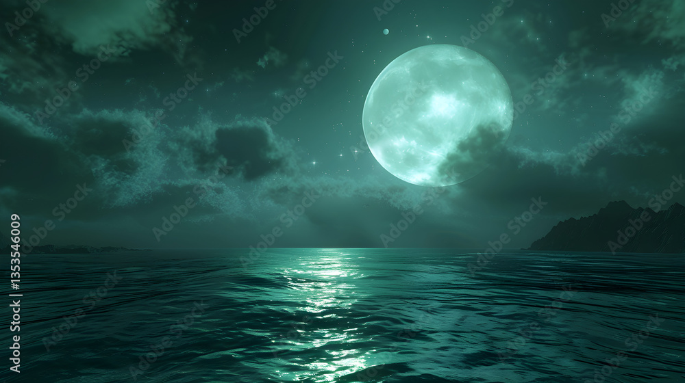 Fototapeta premium Mysterious cloudy night sky with a glowing moonlight effect, creating a dramatic and surreal cosmic atmosphere perfect for backgrounds and sci-fi art.