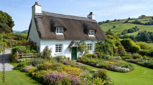 Picturesque thatched cottage with colorful garden blooming in the English countryside
