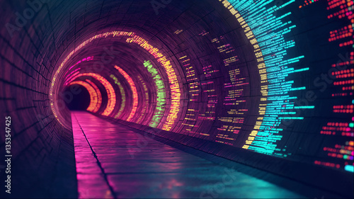 Futuristic vibe coding neon tunnel with glowing pink and blue digital code patterns, cybersecurity landscape sci-fi corridor perspective concept