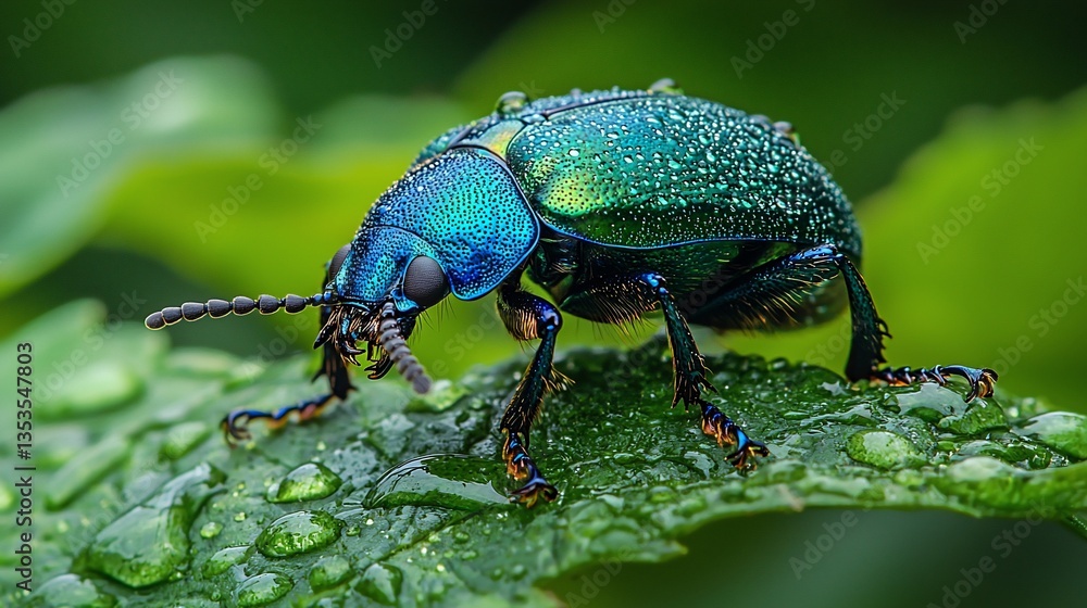 Naklejka premium Close-up of iridescent green beetle on dew-covered leaf.