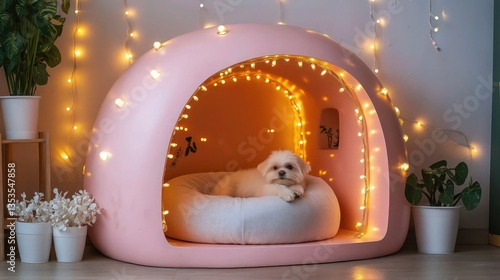 A whimsical pink dog house with an open entrance, glowing with twinkling golden fairy lights. A small white dog lounges inside on a comfy round cushion, surrounded by delicate white potted plants.