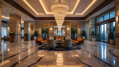 A high-end luxury hotel lobby with grand marble floors, elegant chandeliers, and plush seating. The space is illuminated with warm ambient lighting, creating a sophisticated and welcoming atmosphere.