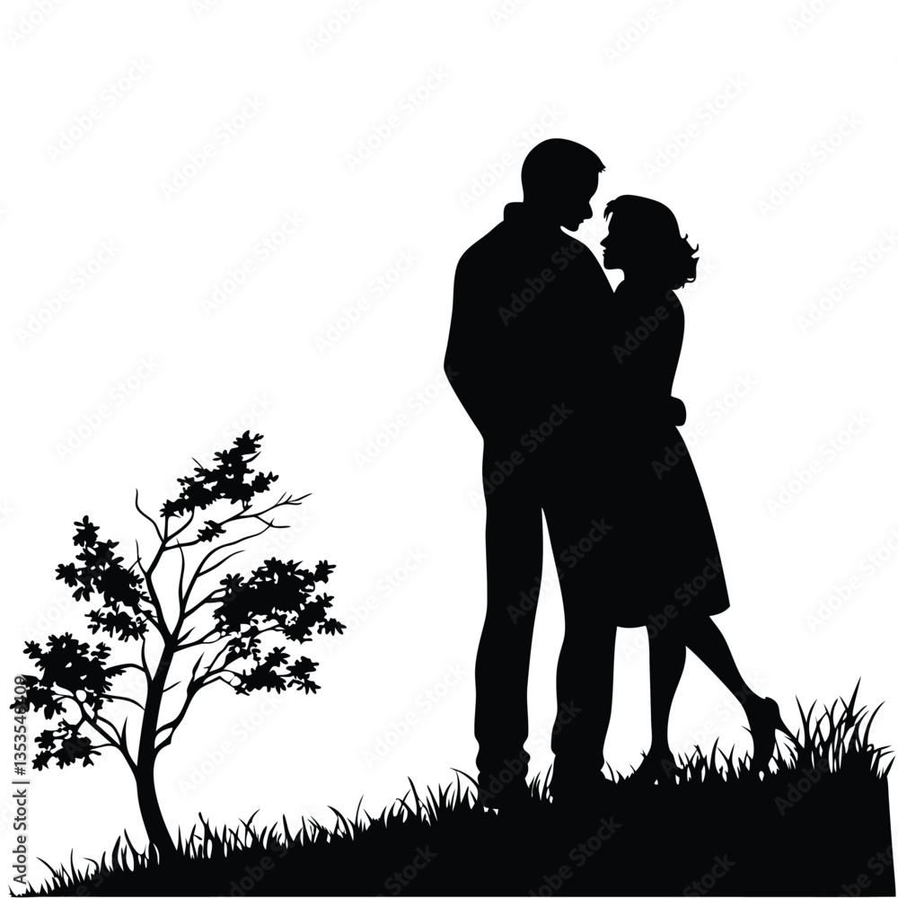 Romantic Couple Silhouette on Park Bench with Leaves and Grass in Art Romantic Couple Silhouette on Park Bench with Leaves and Grass in Art