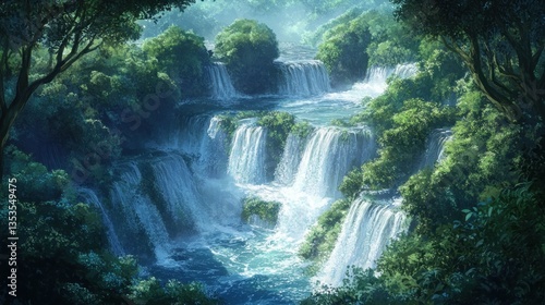 Enchanting waterfall landscape with cascading water and lush greenery scenery