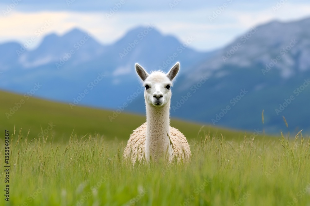 Fototapeta premium White alpaca relaxing in a green meadow with mountains in the background