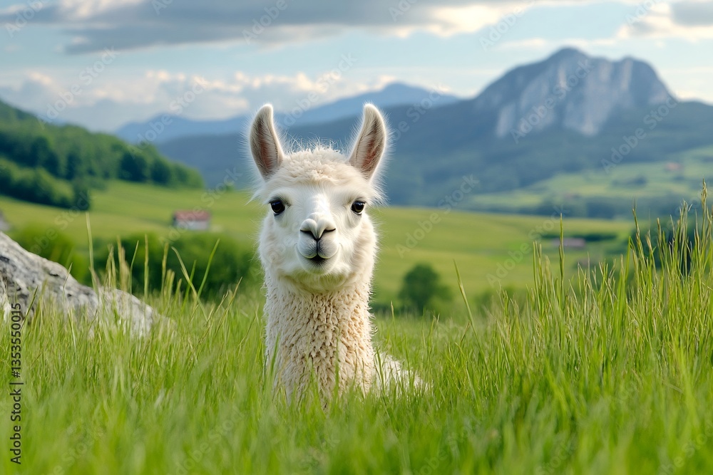 Fototapeta premium Llama sitting in grass with mountain landscape in background