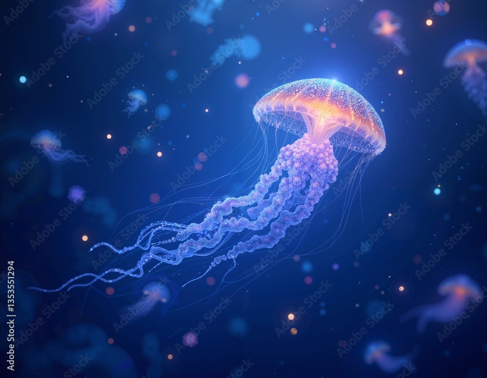Naklejka premium ethereal jellyfish gracefully drifting through a serene ocean twilight