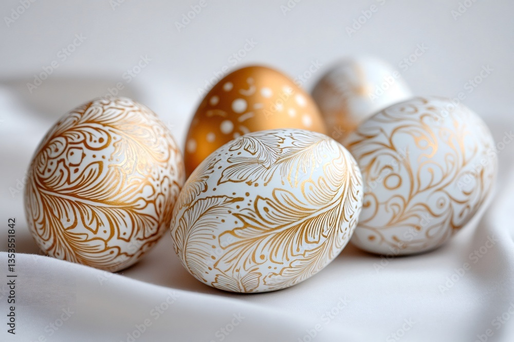 Easter eggs with golden floral pattern resting on white silk Easter eggs with golden floral pattern resting on white silk
