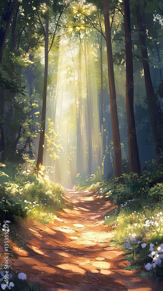 Obraz premium Sunlight shines through tall trees onto a forest pathway
