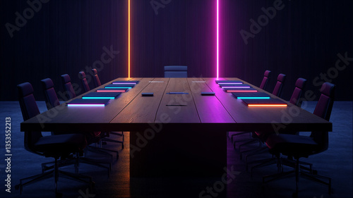 Empty conference room with wooden table illuminated by dramatic orange and purple neon lighting, futuristic corporate meeting space concept